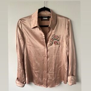 Reformation pink silk button down with floral embroidery